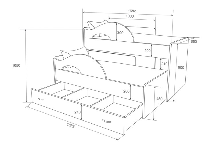 Кровать 2-ярусная Радуга 1.6 с ящиком, корпус Млечный дуб, фасад Оранжевый в Стерлитамаке - изображение 1