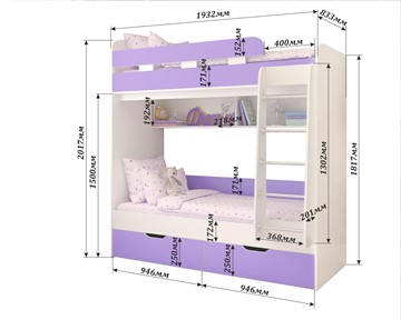 Детская двухэтажная кровать Юниор-5, каркас Белое дерево, фасад Ирис в Стерлитамаке - предосмотр 1