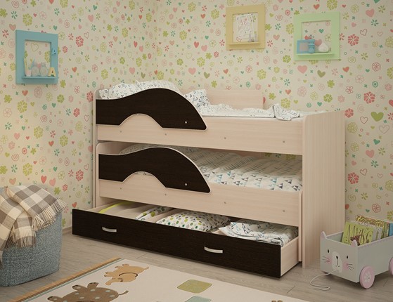 Детская двухэтажная кровать Радуга 1.6 с ящиком, корпус Млечный дуб, фасад Венге в Стерлитамаке - изображение