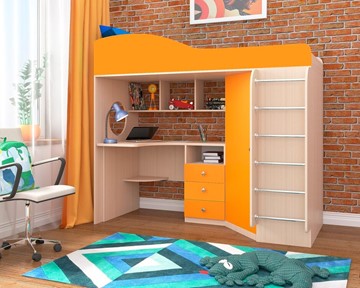 Кровать-чердак в детскую Кадет-1 с металлической лестницей, корпус Дуб, фасад Оранжевый в Стерлитамаке - предосмотр
