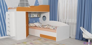 Кровать-чердак в детскую Кадет-2 с металлической лестницей, корпус Белое дерево, фасад Оранжевый в Стерлитамаке - предосмотр