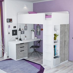 Кровать-чердак с письменным столом и шкафом POLINI Kids Simple Белый / Бетон в Салавате - предосмотр 1