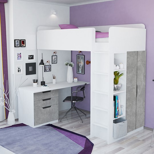 Кровать-чердак с письменным столом и шкафом POLINI Kids Simple Белый / Бетон в Салавате - изображение 1