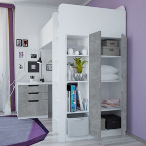 Кровать-чердак с письменным столом и шкафом POLINI Kids Simple Белый / Бетон в Уфе - предосмотр 2
