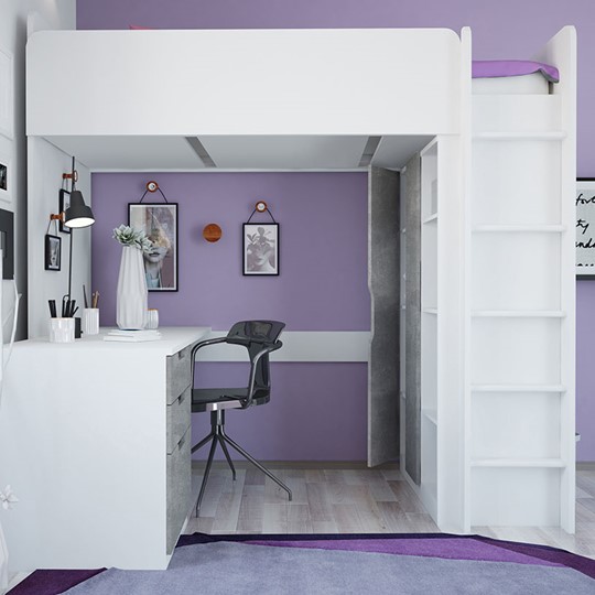 Кровать-чердак с письменным столом и шкафом POLINI Kids Simple Белый / Бетон в Стерлитамаке - изображение 5