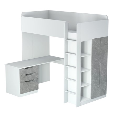 Кровать-чердак с письменным столом и шкафом POLINI Kids Simple Белый / Бетон в Уфе - изображение