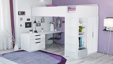 Кровать-чердак с письменным столом и шкафом POLINI Kids Simple Белый в Салавате - предосмотр 1