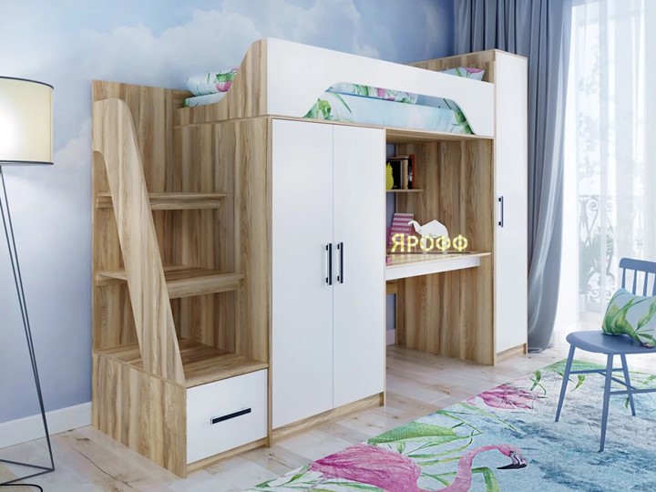 Кровать-чердак в детскую с шкафом Тея, каркас Ясень, фасад Белый в Уфе - изображение 1