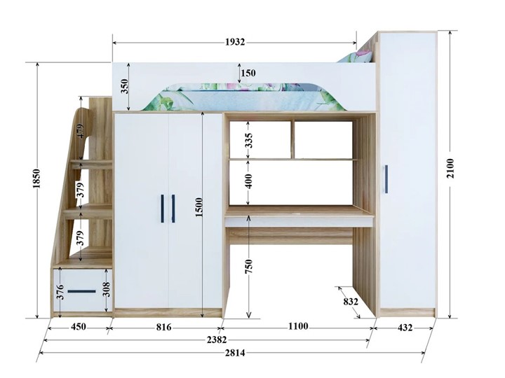 Кровать-чердак в детскую с шкафом Тея, каркас Ясень, фасад Белый в Уфе - изображение 2