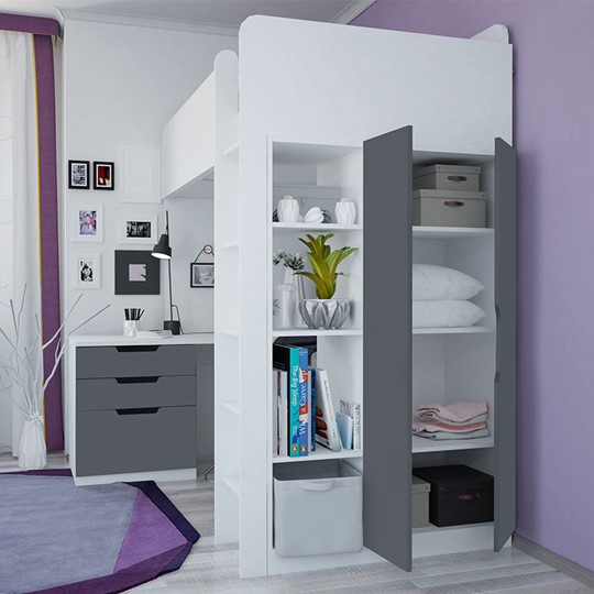 Детская кровать с письменным столом и шкафом POLINI Kids Simple Белый / Серый в Стерлитамаке - изображение 1