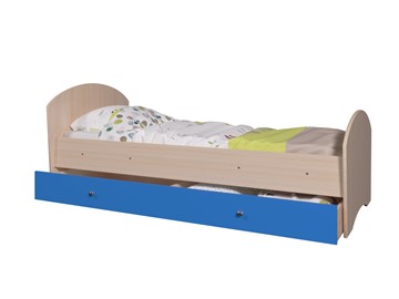 Детская кровать с ящиком Мозайка без бортиков, корпус Млечный дуб/фасад Синий (щиты) в Стерлитамаке