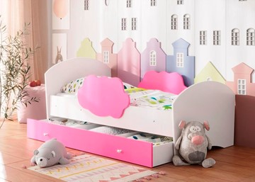 Детская кровать с бортиками Тучка с ящиком, корпус Белый, фасад Розовый в Стерлитамаке