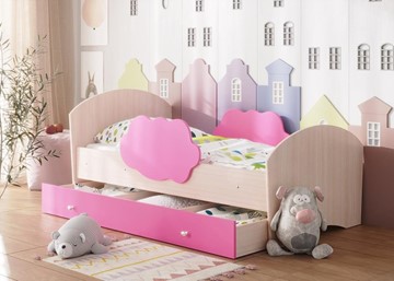 Детская кровать с бортиками Тучка с ящиком, корпус Дуб млечный, фасад Розовый в Уфе