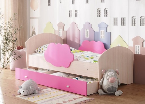 Детская кровать с бортиками Тучка с ящиком, корпус Дуб млечный, фасад Розовый в Стерлитамаке - изображение