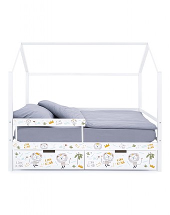 Кровать-домик в детскую Svogen белый/львята (2 ящика + бортик) в Стерлитамаке - изображение