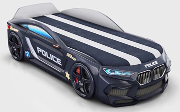 Детская кровать-машина Romeo-М Police + подсветка фар, ящик, матрас, Черный в Стерлитамаке