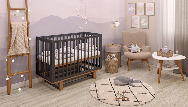 Кровать для новорожденных серия 3400 POLINI Kids Simple 340 с маятником Графит/Дуб каменный в Стерлитамаке - изображение 1
