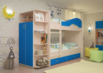 Детская 2-х ярусная кровать Мая на щитах со шкафом и ящиками, корпус Млечный дуб, фасад Синий в Стерлитамаке