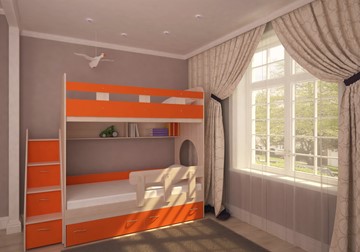 Двухъярусная кровать Юниор-1 с бортом, каркас Дуб, фасад Оранжевый в Стерлитамаке - предосмотр