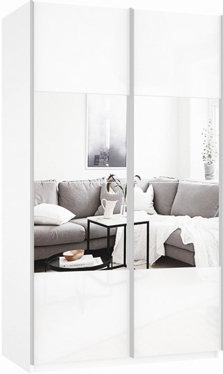 Шкаф 2-х створчатый Прайм (Зеркало/Белое стекло) 1400x570x2300, белый снег в Стерлитамаке - изображение 2