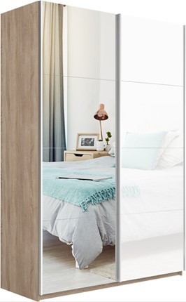 Шкаф двухдверный Прайм (Зеркало/Белое стекло) 1400x570x2300, дуб сонома в Стерлитамаке - изображение