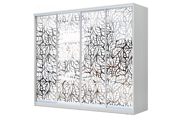 Шкаф-купе 4-х створчатый 24-4-24/2-6666, Пескоструйный рисунок "Лист", Белый в Стерлитамаке - изображение