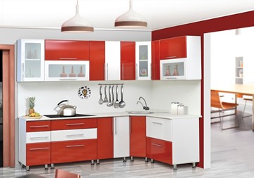Кухонный угловой гарнитур Мыло 224 2600х1600, цвет Красный/Белый металлик в Стерлитамаке - предосмотр