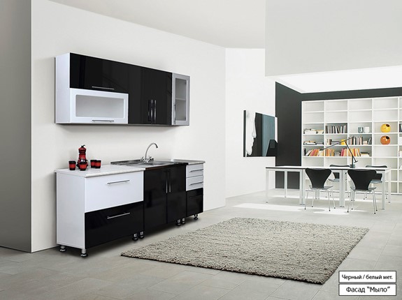 Гарнитур на кухню Мыло 224 2000х718, цвет Черный/Белый металлик в Салавате - изображение