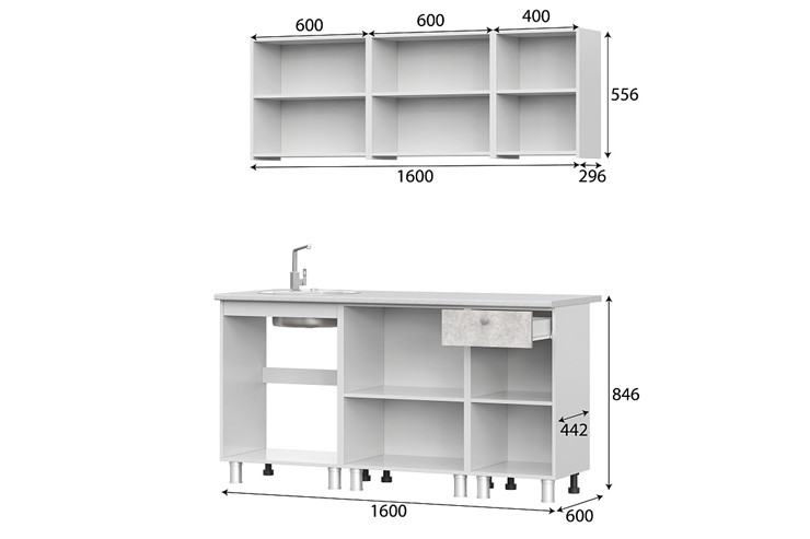 Гарнитур на кухню КГ-1 1600, белый/белый/цемент светлый/антарес в Стерлитамаке - изображение 2