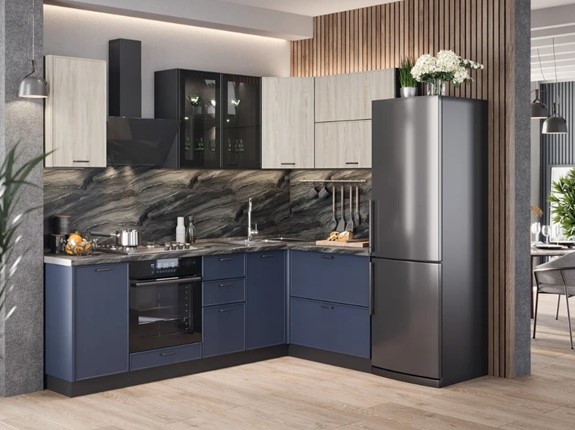 Кухонный угловой гарнитур 2400 Индиго, Черный/Дуб мадейра топаз/Темно-синий в Стерлитамаке - изображение