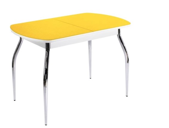 Кухонный раздвижной стол ПГ-07 СТ2, белое/желтое стекло/35 хром гнутые металл в Стерлитамаке - изображение