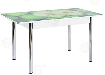 Обеденный раздвижной стол Айсберг-02 СТФ, белое лдсп/зеленые яблоки/ноги хром прямые в Стерлитамаке - предосмотр
