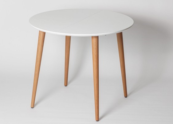 Кухонный раздвижной круглый стол Белая Эмаль д. 100 см МДФ ножки светлый орех в Стерлитамаке - изображение