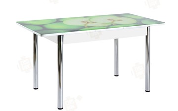 Обеденный раздвижной стол Айсберг-01 СТФ, белый/фотопечать зеленые яблоки/ноги хром круглые в Стерлитамаке