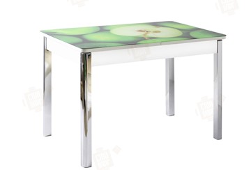 Кухонный стол раздвижной Айсберг-01 СТФ, белый/фотопечать зеленые яблоки/ноги хром квадратные в Уфе
