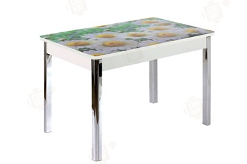 Кухонный стол раскладной Айсберг-01 СТФ, дуб/фотопечать ромашки/ноги хром квадратные в Салавате