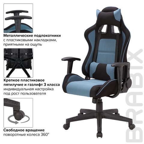 Кресло офисное Brabix GT Racer GM-100 (две подушки, ткань, черное/голубое) 531818 в Стерлитамаке - изображение 9