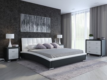 Двуспальная кровать Corso-1L 180х200, Экокожа (Черный с белым) в Стерлитамаке