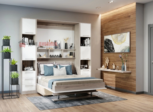 Кровать-шкаф с диваном Бела 1, с полкой ножкой, 1600х2000, Эльбрус/белый в Стерлитамаке - изображение