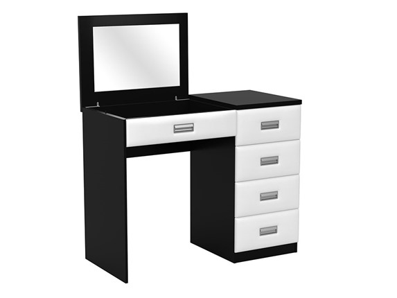 Косметический столик Como/Veda, с зеркалом, 4 ящика, правый, ЛДСП черный/экокожа белая в Стерлитамаке - изображение