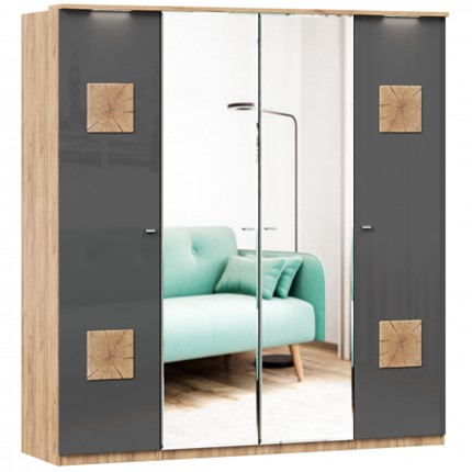 4-створчатый шкаф Фиджи с 2 зеркалами и декоративными накладками, Дуб золотой/Антрацит в Стерлитамаке - изображение