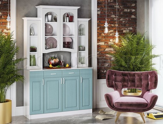 Кухонный шкаф Констанция 4-х створчатый, белый матовый/голубой в Стерлитамаке - изображение