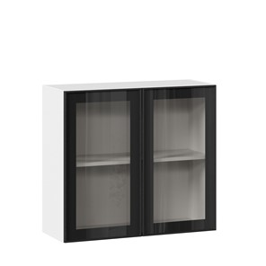 Навесной кухонный шкаф со стеклом 800 Индиго ЛД 298.360.000.023, Белый/Чёрный в Стерлитамаке - предосмотр