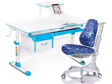 Комплект растущая парта + стул Mealux Mealux EVO Evo-40 BL (арт. Evo-40 BL + Y-528 F) / (стол+полка+кресло) / белая столешница / цвет пластика голубой в Уфе